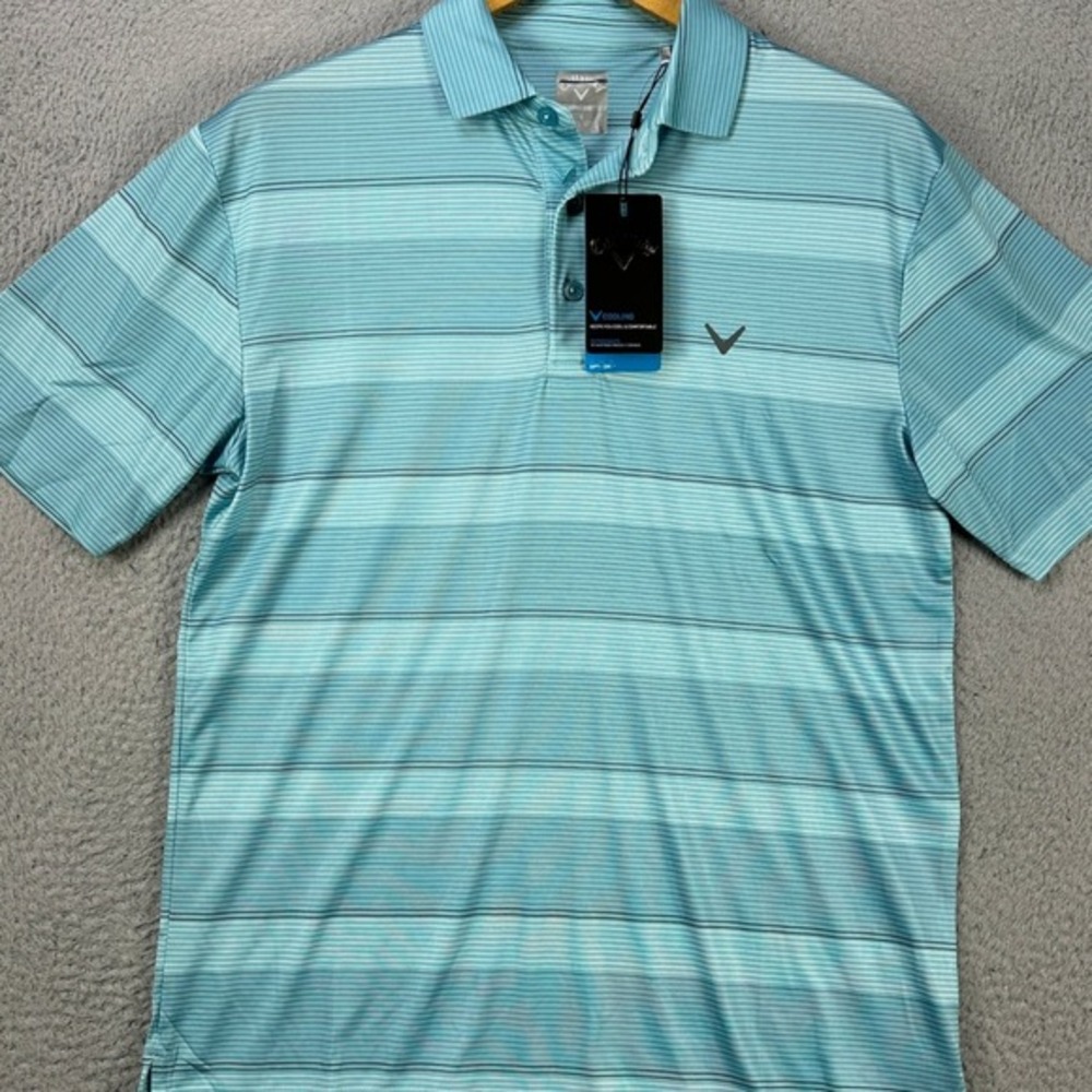 Callaway Mens Golf Polo Shirt Small Light Blue Opti Dri Stripe Stretch Rugby NEW